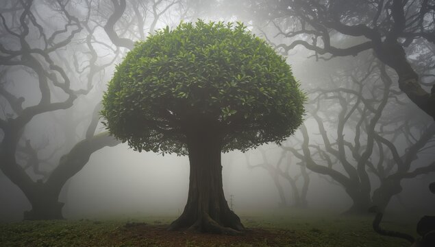 A solitary laurel tree with a sturdy trunk and abundant foliage is enveloped in heavy fog. The enchanting Fanal forest on Madeira, Portugal. High-quality image.