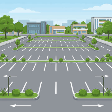 Parking lot with empty spaces and trees in a flat vector style during daytime