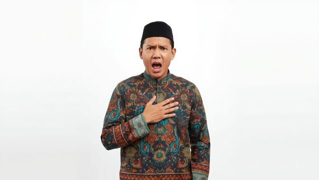 A frightened Southeast Asian Muslim man gripping his collar, dressed in a batik shirt and songkok, with a hand on his chest against a white backdrop.