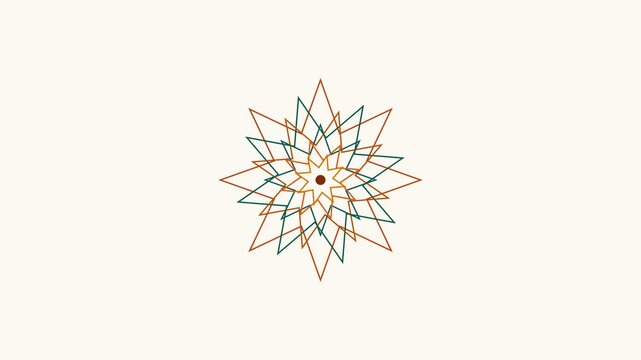 A geometric star pattern featuring overlapping orange and teal line art shapes