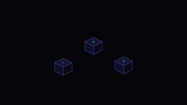Three glowing isometric cubes arranged in a triangle on a dark background