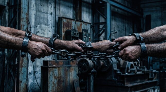 Two men in metal chains struggling in a dark industrial factory setting
