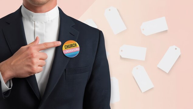 Mockup template for a circular badge label. Pastor's finger on chest pin button during church fundraising. Isolated round stickers and adhesive signs.