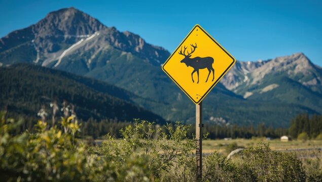 A yellow warning sign featuring an elk or deer, indicating their presence nearby, with mountains behind.