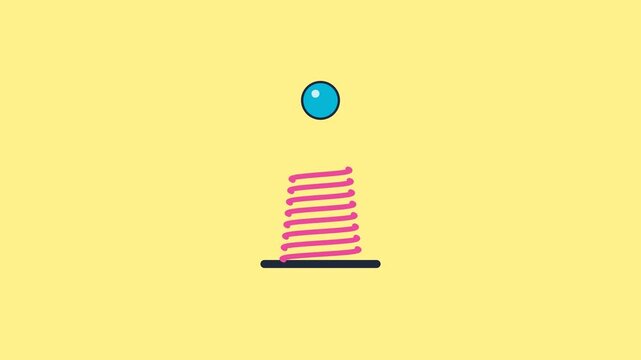 Minimalist illustration of a blue ball resting on a pink spiral spring