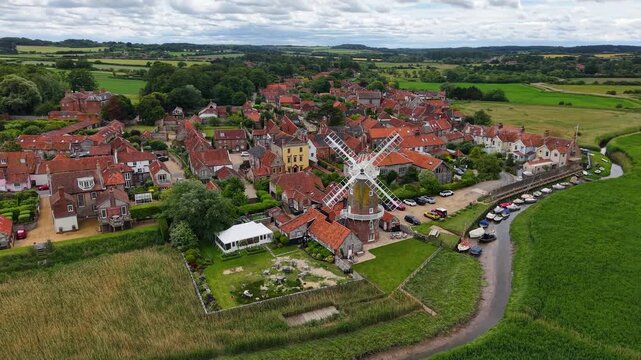 Drone shot of Cley next the Sea coastal village in Norfolk, UK
