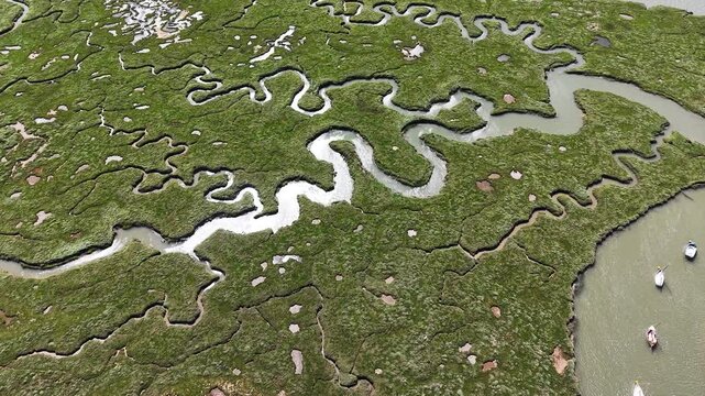 Aerial view of tidal channels in Blakeney National Nature Reserve, UK