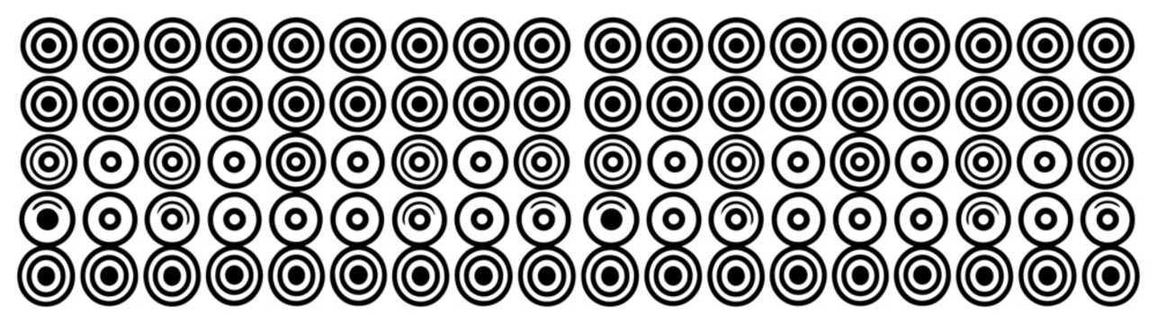 Concentric circles grid pattern with target shapes in geometric rows