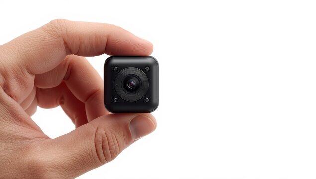 isolated hand holding a parking assistance rearview camera on white background.