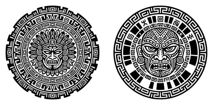 aztec calendar medallion designs with tribal mayan mask round icons