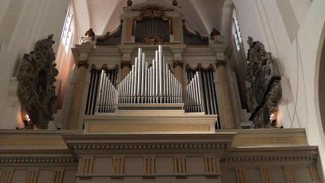 Interior view of historic pipe organ in Saint Peter's Church in Malmo, Sweden