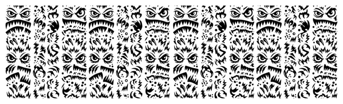 Tiki monster faces pattern with seamless tribal stripe characters