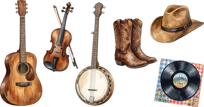 Vector Illustration Vintage Western Music Collection Featuring Acoustic Guitar, Banjo, Violin and Cowboy Boots
