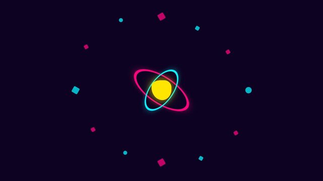 Abstract atomic structure with colorful glowing orbits and geometric shapes