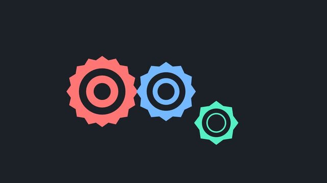 Three colorful interlocking gear icons arranged against a dark background