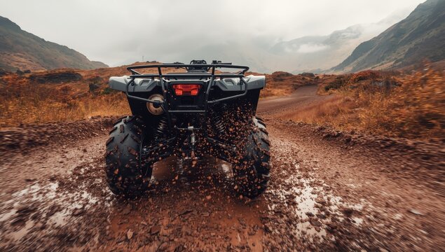 Low-angle shot of a 4x4 ATV on a gravel road in autumn at a misty mountain. Off-road vehicle adventure concept. Quad bike hire.