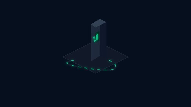 Minimalist isometric pillar with a glowing green symbol on a dark background