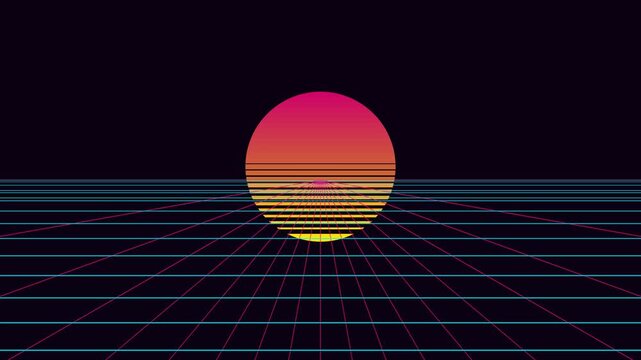 A vibrant gradient sun glowing above a digital perspective grid landscape