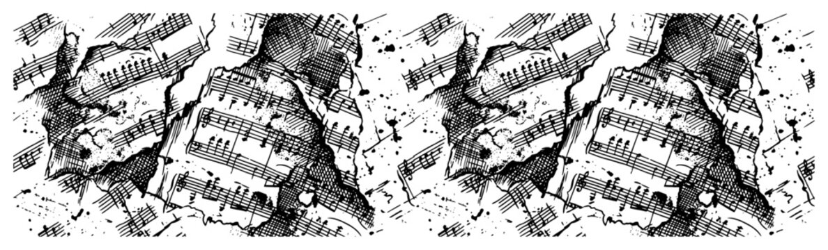 Seamless border pattern with torn musical notes and stave sheets