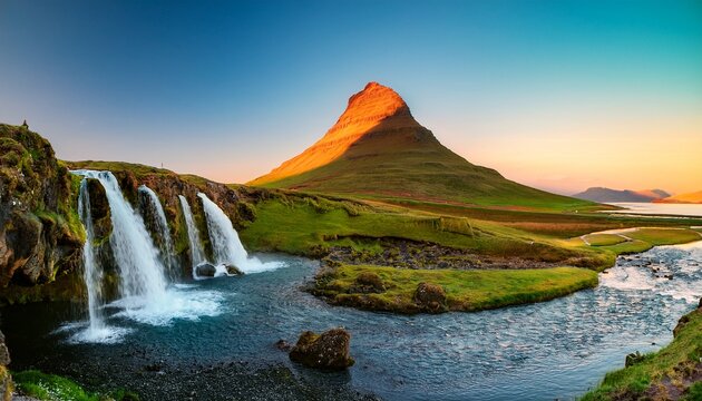 Scenic Of Kirkjufell Mountains And Kirkjufellsfoss At Sunrise In Iceland