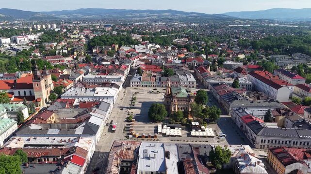 Drone shot of historical center of Nowy Sacz city, Poland