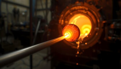 Fototapeta premium Molten glass sphere being shaped in a high temperature industrial furnace for traditional handmade craftsmanship with metal blowpipe positioned