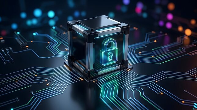 Futuristic metallic security safe cube with a glowing neon padlock icon sitting on a high tech digital circuit board background