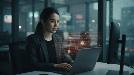 Fototapeta premium A professional candidate during an automated online interview, viewed through a cold corporate lens. A minimalist glowing amber and red vector scanning plane intersects the air in front of them