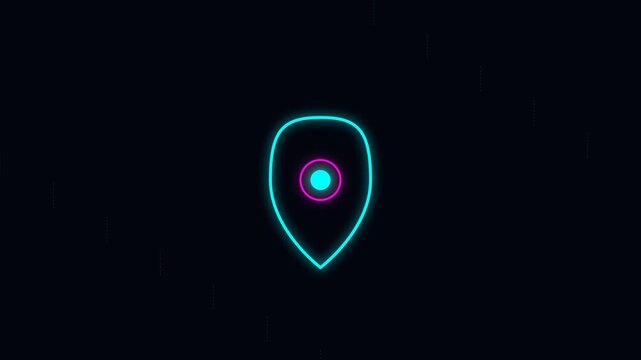 Neon blue map marker icon with a glowing center circle on black background