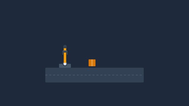 Minimalist graphic showing an orange block and a yellow lever on a gray road