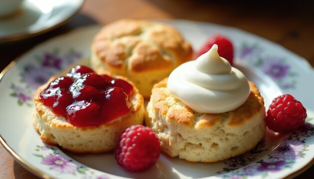 Three scones sit on a plate with jam cream and raspberries. One scone has raspberry jam another has cream topping. Two fresh red raspberries are placed on the decorative plate.