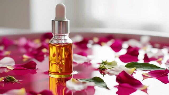Luxurious spa treatment with aromatherapy oil in a glass dropper bottle surrounded by rose petals