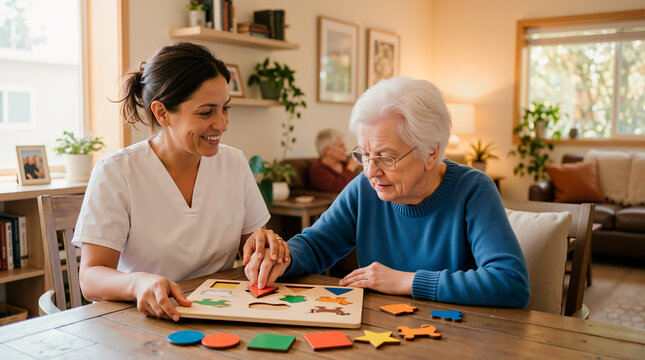 Female therapist helping elderly dementia patient with a puzzle. Senior woman in cognitive therapy session with caregiver. Elder care and mental stimulation concept