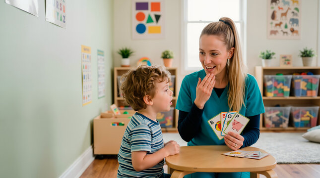 Female therapist helping autistic child with speech. Speech therapy session with flashcards in a classroom. Communication development and special education