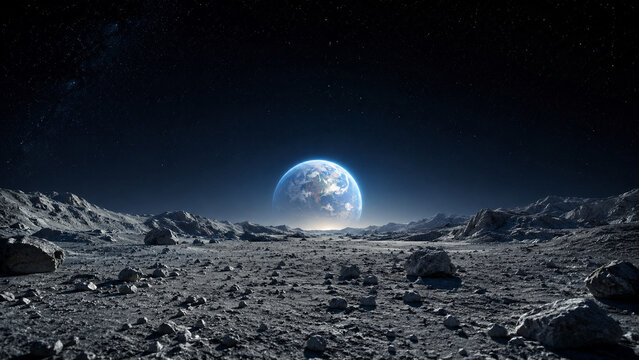 Moon Day Lunar Surface With Earthrise Background