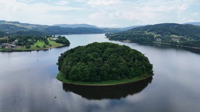 Aerial view of Grodzisko (Monkey Island) at Roznow lake in Poland