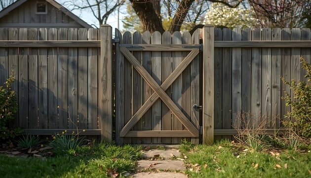 Rustic wooden garden gate with x brace design set in a weathered picket fence surrounded by lush greenery and springtime foliage in a residential yard