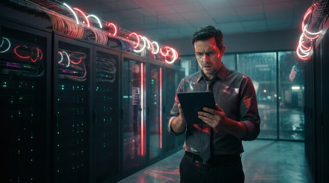 An alarmed IT director in a server room looking at his tablet device as it fails to respond. Above the server racks, the clean data cables emit unexpected, frantic pulsing red and white light loops 