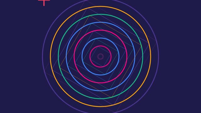 Abstract concentric circles and squares in vibrant neon colors on dark blue