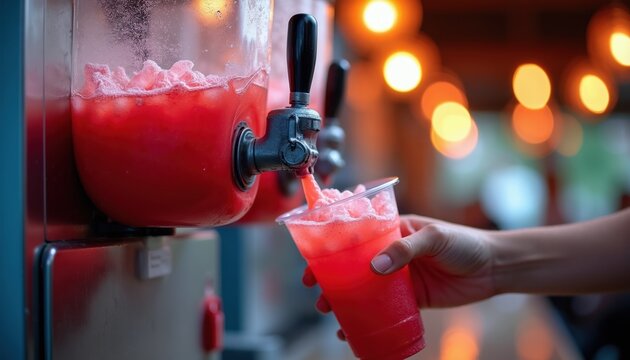 Frozen red drink dispenses from machine into clear cup held by hand. Ice chips and slush pour from dispenser tap. Refreshing cold beverage for hot weather.