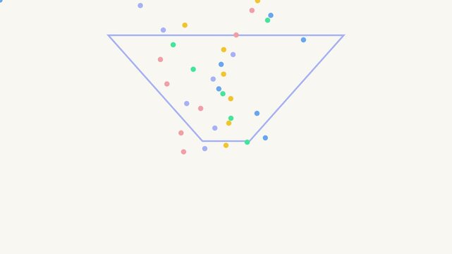 Abstract data sorting animation: colorful particles falling through a funnel into organized rows 4k