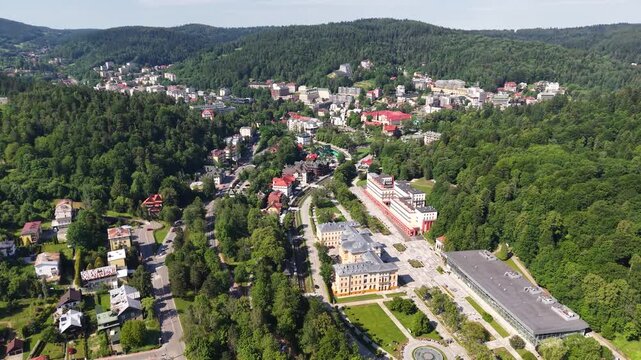 Aerial footage over the biggest spa town in Poland - Krynica Zdroj