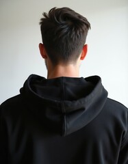 Obraz premium Man from behind in black hoodie. Dark short hair styled. Clean background. Back view of person wearing casual hooded jacket. Male silhouette.