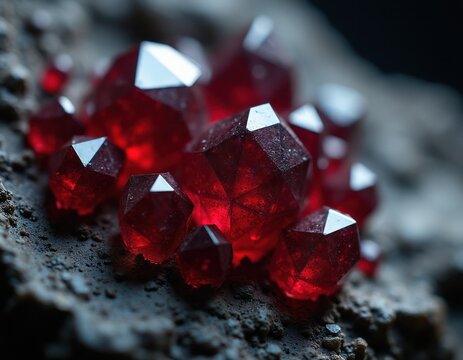 Red garnet crystals cluster on rough stone surface. Deep red gemstone facets gleam with inner light. Precious mineral formation, raw earth treasure.