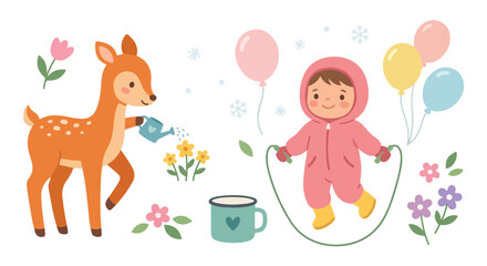 Naklejka premium A cute illustration shows a baby deer watering flowers and a child in a snowsuit jumping rope, surrounded by festive balloons and snowflakes.