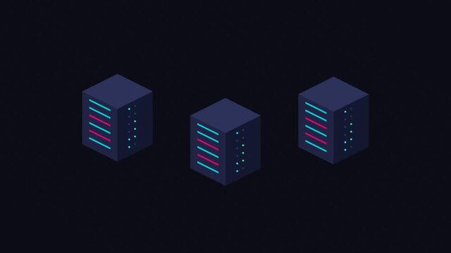 Isometric view of three glowing blue server towers on a dark background