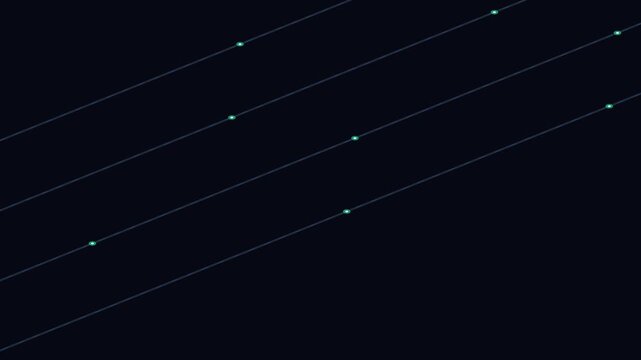Minimalist composition of bright green glowing dots on parallel dark lines