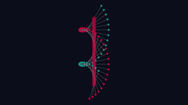 Abstract data network visualization with pulsing teal and red nodes connecting in dynamic motion animation 4k