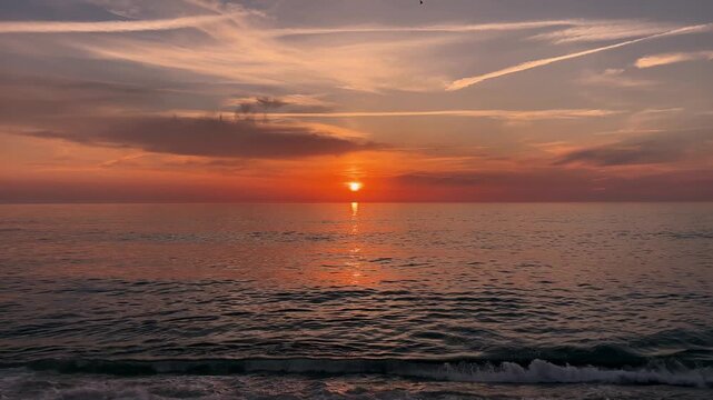 A tranquil, high-definition time-lapse capturing a vibrant, deep orange sunset over a rhythmic ocean. Gentle waves break against the shoreline, reflecting the brilliant colors of the setting sun, whil
