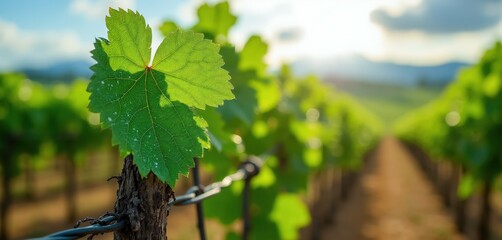 Obraz premium Close up of green grapevine leaf with visible veins on a support wire. Soft focus vineyard rows extend to horizon under bright sunny sky. Freshness and nature theme.